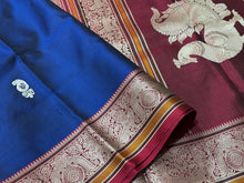 MS Blue with Deep Maroonish Red Premium Handwoven Pure Zariless Kanjivaram Silk Saree beauty with peacocks woven rich pallu with mango motifs woven body beautiful double birds and yazhis woven borders beauty