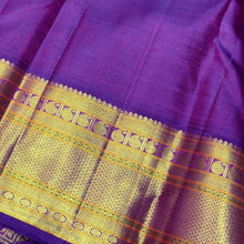 Vaibhogam- Gorgeous Mambazham Yellow with Purple Handwoven Pure Jari Korvai Kanjivaram Silk With Buttas woven body with Long and Short beautiful rich borders pallu and contrast woven blouse