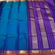 Peacock Blue with Purple Handwoven Pure Jari Kanjivaram Silk Saree Small borders beauty