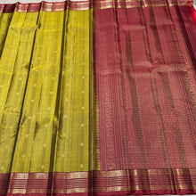 Olive Green with Deep Reddish Maroon Buttas with Intricate Borders Handwoven Pure Lighter Kanjivaram Silk Saree beauty