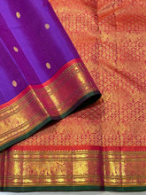 Sahana- Gorgeous Purple with Dual tone Orange Buttas Handwoven Pure Jari Kanjivaram Silk with small borders rich pallu and contrast woven beautiful blouse