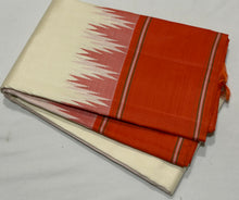 Saraswati- Offwhite with Orange Temple Bordered Handwoven Pure Zariless Korvai Kanjivaram Silk with beautiful orange borders rich seer pallu and contrast orange blouse