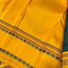 Premium Zariless Weave- Bottle Green with Yellow Handwoven Pure Zariless Korvai Kanjivaram Silk with Rudrakshaper Borders classic rekku pallu and contrast woven blouse beauty