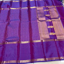 Sahana- Stunning Vadamalli Purple with Gold Handwoven Pure Jari Kanjivaram Silk with Lakshadeepam buttas woven body with rich pallu broad borders and self colored blouse