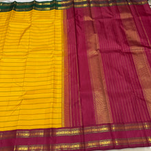 Vaibhogam- Gorgeous Yellow with Green and Arakku Red Ganga Jamuna Bordered Handwoven Pure Jari Korvai Kanjivaram Silk with neliveldhari woven beautiful body with rich rettapet borders gorgeous seer pallu and contrast woven blouse