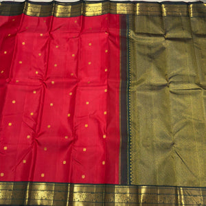 Red with Bottle Green Buttas Korvai Handwoven Pure Jari Kanjivaram Silk Saree Beauty