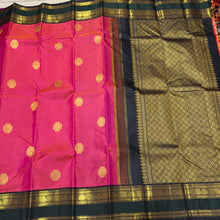 Dual tone tomato pink with black and green Handwoven Pure Jari Korvai Kanjivaram Silk Saree Buttas Beauty