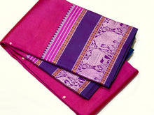 Saraswati- Gorgeous Pink with Purple Premium Zariless Korvai Kanjivaram Silk with beautiful buttas woven body ricy elephants and cows calf motifs woven borders beautiful vrishabha kunjaram pallu and contrast purple blouse