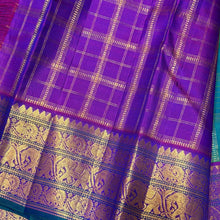 Vaibhogam-Gorgeous Peacock Green with Purple Handwoven Pure Jari Kanjivaram Silk with beautiful Jari checks with elephants and annapakshis woven body with rich borders pallu and contrast jari checked blouse