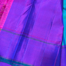 Gorgeous Dual tone Peacock Blue Green with Purple Handwoven pure Jari Kanjivaram Silk Saree with Horse motifs woven body plain beautiful borders rich mayil chakram buttas woven pallu and contrast woven blouse