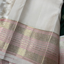 Vaibhogam-Gorgeous Bottle Green with Offwhite Handwoven Pure Jari with Mayil Chakram Buttas Korvai Kanjivaram Silk with  rich meenakari work woven beautiful borders rich woven pallu and contrast woven blouse