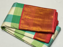 Pastel Palum Pazhamum Checks with Peach Handwoven Pure Jari Korvai Kanjivaram Silk Saree with rich borders beautiful pallu and contrast woven peach blouse