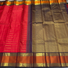 Vaibhogam- Red with Deep Pakku Brown Handwoven Pure Jari Korvai Kanjivaram Silk with Jari Veldhari woven beautiful body with gorgeous doublept silk and jari woven borders rich pallu and contrast woven blouse