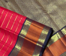 Vaibhogam- Red with Deep Pakku Brown Handwoven Pure Jari Korvai Kanjivaram Silk with Jari Veldhari woven beautiful body with gorgeous doublept silk and jari woven borders rich pallu and contrast woven blouse