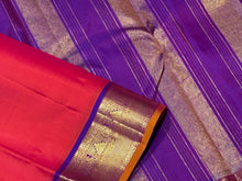 Dual tone Orange with Purple Handwoven Pure Jari Kanjivaram Silk Saree with rich borders pallu and contrast woven blouse