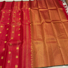 Saranga- Stunning Red with Gold Handwoven Pure Jari borderless vairaoosi with mayil chakram buttas woven Kanjivaram Silk with beautiful green selvedges rich pallu and self colored blouse