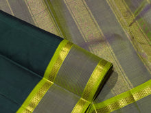 Sarasangi-Gorgeous Handwoven Pure Korvai Kanjivaram Silk in a beautiful Bottle Green with Dual tone Violetish Green and Parrot Green Rettapet borders with beautiful pallu and contrast woven blouse