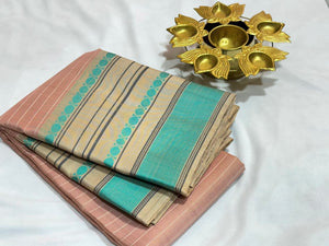 Peach with Cream Handwoven Pure Zariless Soft Kanjivaram Silk Saree with Striped body