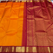 Sarasangi- Stunning Mambazham(Mango) Yellow with Arakku Red Handwoven Pure Jari Korvai Kanjivaram Silk with very beautiful borders gorgeous pallu and contrast woven blouse
