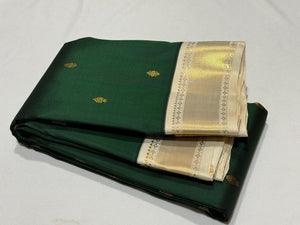 Bottle Green with offwhite Buttas Handwoven Pure Jari Korvai Kanjivaram Silk Saree Beauty