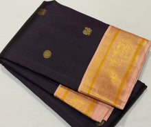 Vaibhogam- Gorgeous Deep Beetlenut Kanchana Brown with Peach Pure2g Jari Korvai Kanjivaram Silk with buttas woven beautiful body rich borders pallu and contrast woven blouse