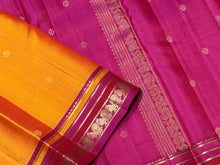 Mango Yellow with Magenta Pink Buttas Handwoven Pure Kanjivaram Silk Saree with intricate borders classy pallu and contrast woven blouse beauty