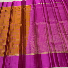 Sahana- Beautiful Honey Mustard with Magenta Handwoven Pure Kanjivaram Silk with Checked 1000 buttas style woven body with rich lakshadeepam style woven pallu and contrast woven blouse