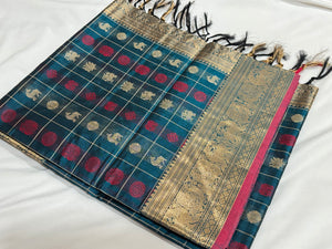 Ramar Blue with Red 1000 Buttas with rich weave Handwoven Premium Kanjivaram Silkcotton Saree Beauty