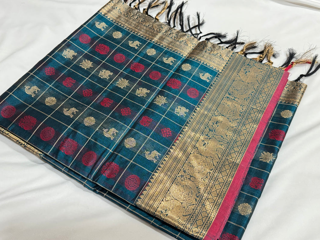 Ramar Blue with Red 1000 Buttas with rich weave Handwoven Premium Kanjivaram Silkcotton Saree Beauty