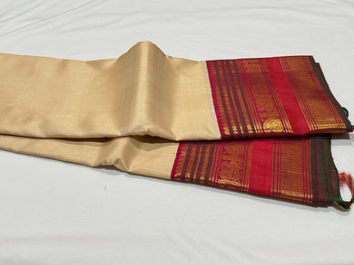 Ivory with Deep Arakku Red Handwoven Pure Jari Korvai Kanjivaram Silk Saree with varisaipet broad borders beauty and uniquely woven pallu