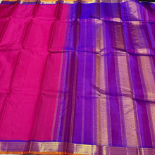 Nayaki- Gorgeous Pink with Vadamalli Purple Handwoven Pure Jari Kanjivaram Silk with Small araimadam borders with orange mustard selvedges rich pallu and contrast woven beautiful blouse