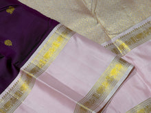 Vaibhogam- Stunning Deep Magenta Purple with Baby Pink Handwoven Pure Jari Korvai Kanjivaram Silk with beautiful buttas woven body with beautiful doublepet borders rich pallu and contrast woven blouse
