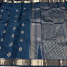 Sahana- Stunning Deep Sapphire Blue Monotone Handwoven Pure Kanjivaram Silk with Twisted Silver & Gold Zari Gandaberundas woven body with rich seepurekku borders rich pallu and self colored blouse