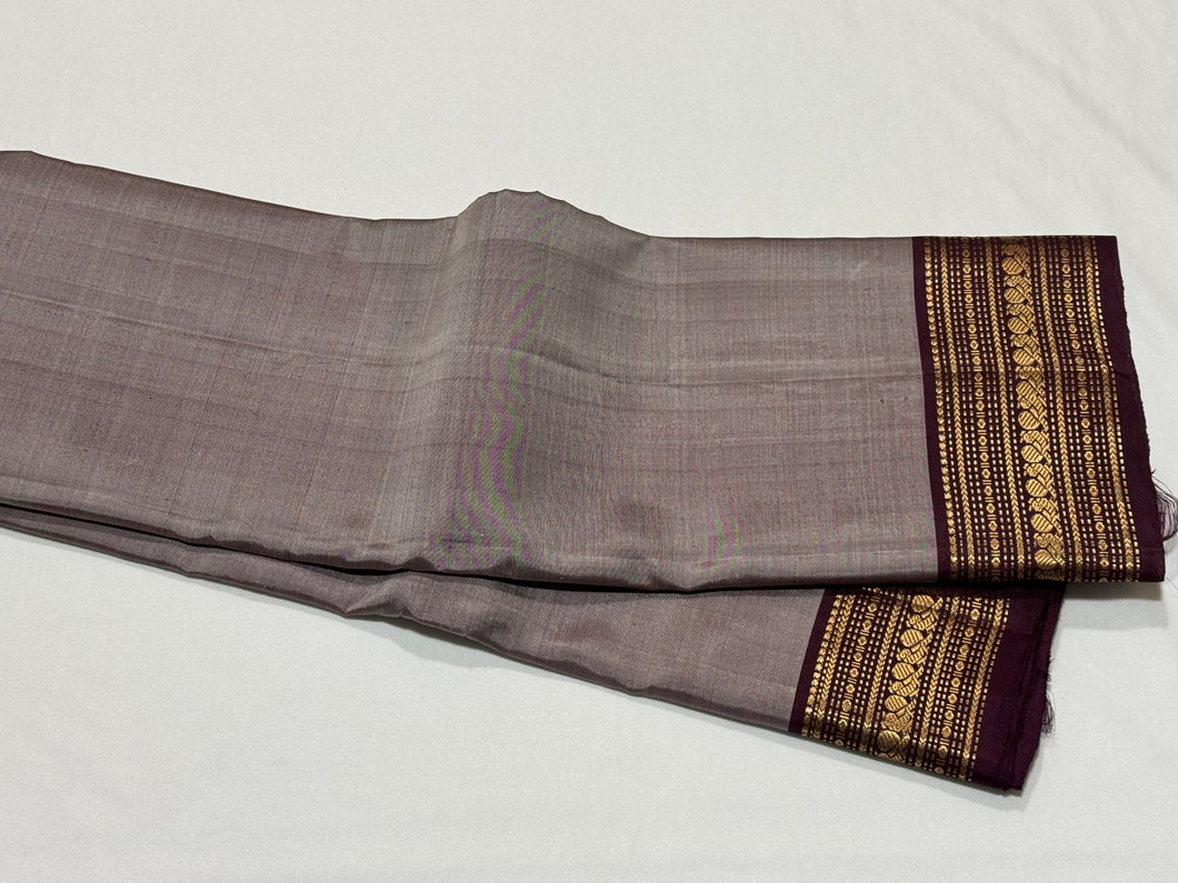 Greyish Abirami with Deep Purplish Brown Handwoven Pure Kanjivaram Silk Saree with intricate borders classy seer pallu and contrast woven blouse