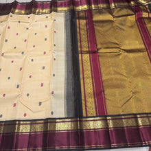 Sandal White with Deep Maroon and Black Kai Korvai Handwoven Pure Jari Kanjivaram Silk Sarees with Silk Buttas woven body with rich spaced rettapet borders gorgeous rich Gandaberundas woven pallu and contrast woven blouse