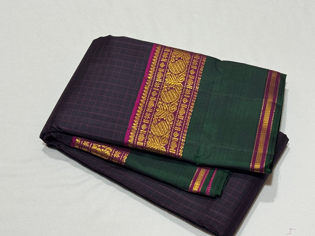 Dark Kanchana Brown with Deep Magenta Muthukattam Body with Rettapet Borders Rich Pallu and Contrast woven blouse beauty