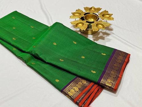 Emerald Green with Purple with Buttas Handwoven Pure Kanjivaram Silk Saree Beauty