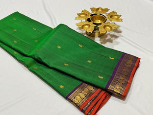 Emerald Green with Purple with Buttas Handwoven Pure Kanjivaram Silk Saree Beauty