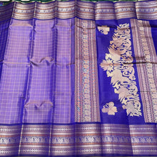 Lavenderish Blue with royal blue checks with Sorgavasal Pallu Handwoven Pure Zariless Kanchipuram Silk Sarees Beauty with varisai borders