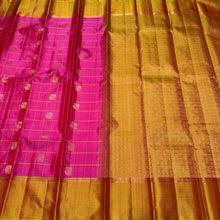 Rani Pink  with Golden Sampanga Checks with 1000 buttas style woven Handwoven Kanjivaram Silk Saree with classy plain borders rich pallu and contrast woven blouse beauty
