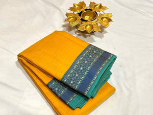 Yellow with Turquoise Green Blue Handwoven Pure Zariless Self Striped Soft Kanjivaram Silk With Buttas Body rich pallu and Jacquard Blouse