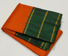 Sarasangi- Orange with Bottle Green Handwoven Pure Jari Korvai Kanjivaram Silk with podikattam woven body beautiful borders rich seer pallu and contrast woven blouse