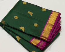 Sahana- Gorgeous Deep Forest Green with Dark Magenta Handwoven Pure Jari Kanjivaram Silk with Muthukattam with Mayil Kuyil Bird buttas woven beautiful body with small borders rich 1000 buttas style woven pallu and contrast woven blouse