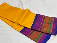 Yellow with Royal Blue and Pink Handwoven Pure Zariless Korvai Kanjivaram Silk Saree Beauty with Varisaipet Borders