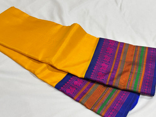 Yellow with Royal Blue and Pink Handwoven Pure Zariless Korvai Kanjivaram Silk Saree Beauty with Varisaipet Borders