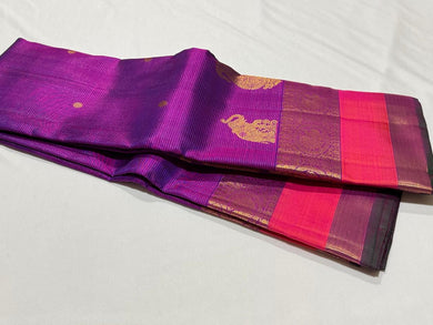 Deep Magenta with Orange Pink Vairaoosi with Buttas and Border motifs in a Handwoven Pure Jari Kanjivaram Silk Saree Beauty