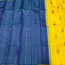 Bright Yellow with Peacock Blue Partly Pallu Handwoven Pure Jari Kanjivaram Silk Saree Meenakari buttas Beauty