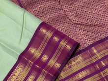 Vintage Recreation- Pastel Green with Deep Magenta Purple Kai Korvai Handwoven Pure Jari Kanjivaram Silk Saree with Varisaipet intricate motifs woven borders rich pallu and contrast woven blouse beauty