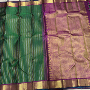 Dark Forest Green with Wine Handwoven Pure Jari Thodar Buttas Kanjivaram Silk Saree Beauty