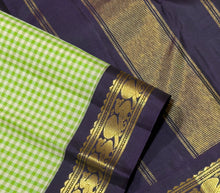 Sarasangi- Gorgeous Pastel Green offwhite Kasakasa podikattam with Deep Kanchana Purple Handwoven Pure Jari Korvai Kanjivaram Silk with beautiful borders rich pallu and contrast woven blouse
